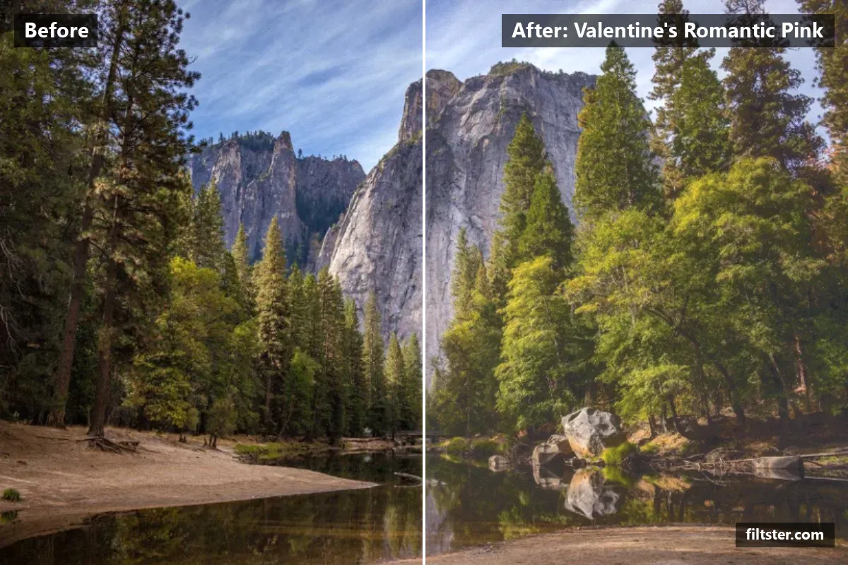 Valentine's Romantic Pink filter before and after. Brightens the whole frame, opens up the shadows, recovers bright highlights and adds film grain.