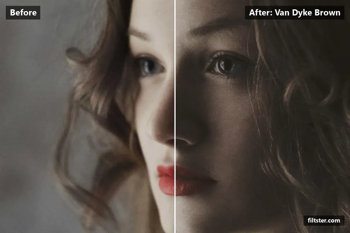 Van Dyke Brown filter before and after. Lifts the blacks for a faded, matte finish, mutes the colours, adds a orange cast to the shadows and adds film grain.
