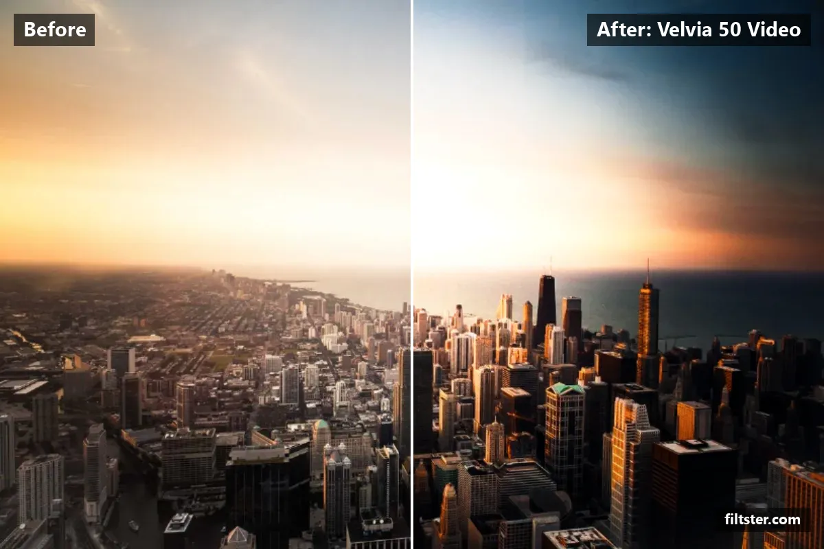 Velvia 50 Video filter before and after. Adds strong contrast and recovers bright highlights.