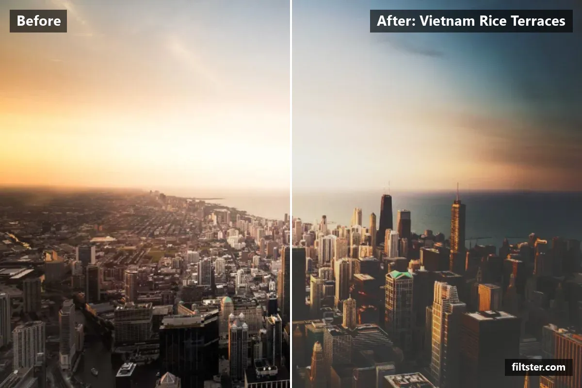 Vietnam Rice Terraces filter before and after. Softens contrast, opens up the shadows, recovers bright highlights and lifts the blacks for a faded, matte finish.