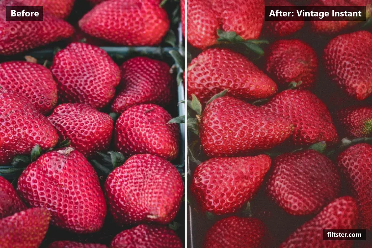 Vintage Instant filter before and after. Softens contrast, opens up the shadows, recovers bright highlights, lifts the blacks for a faded, matte finish, warms up the colours, adds a golden cast to the shadows, gives a soft, dreamy glow, adds film grain and darkens the corners with a vignette.