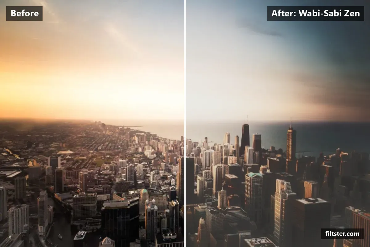 Wabi-Sabi Zen filter before and after. Softens contrast, opens up the shadows, recovers bright highlights, lifts the blacks for a faded, matte finish and gives a soft, dreamy glow.