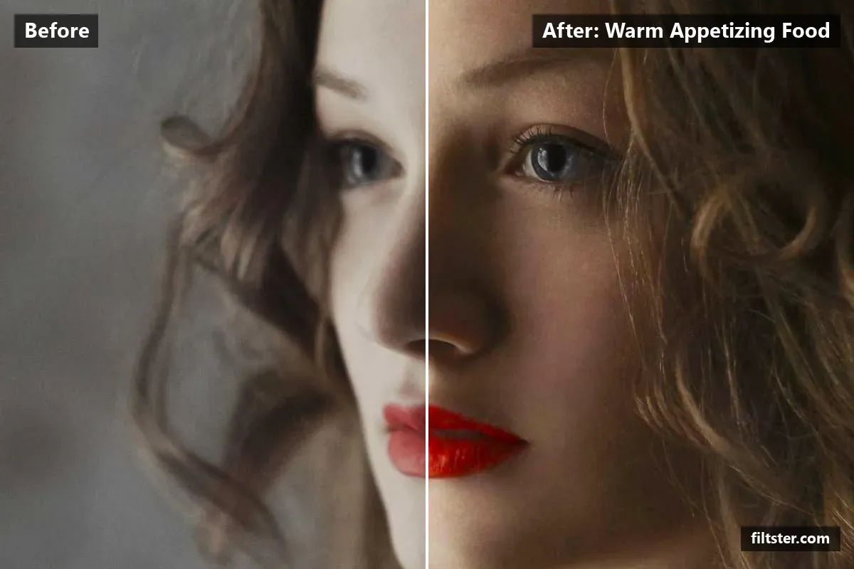 Warm Appetizing Food filter before and after. Adds a orange cast to the shadows.