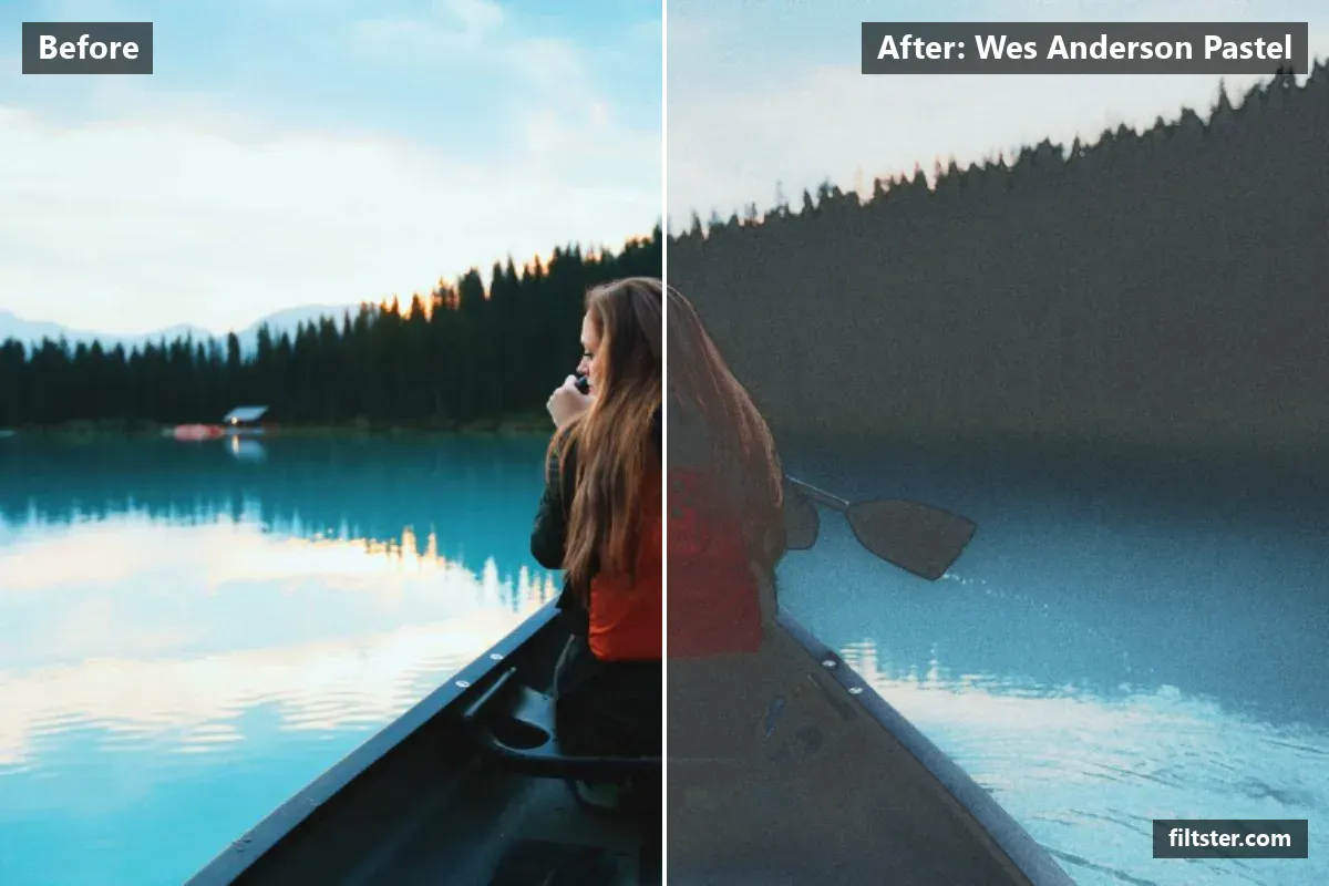 Wes Anderson Pastel filter before and after. Softens contrast, opens up the shadows, recovers bright highlights, lifts the blacks for a faded, matte finish, adds a blue cast to the shadows, gives a soft, dreamy glow and adds film grain.