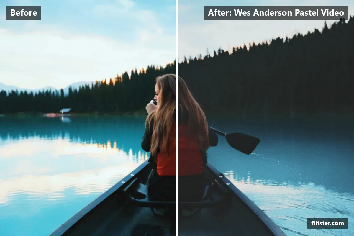 Wes Anderson Pastel Video filter before and after. Softens contrast, opens up the shadows, recovers bright highlights, lifts the blacks for a faded, matte finish, adds a blue cast to the shadows and adds film grain.