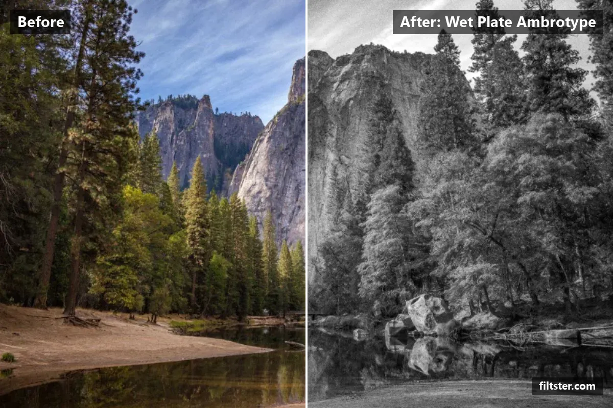 Wet Plate Ambrotype filter before and after. Turns the picture black and white, adds strong contrast, recovers bright highlights and adds film grain.