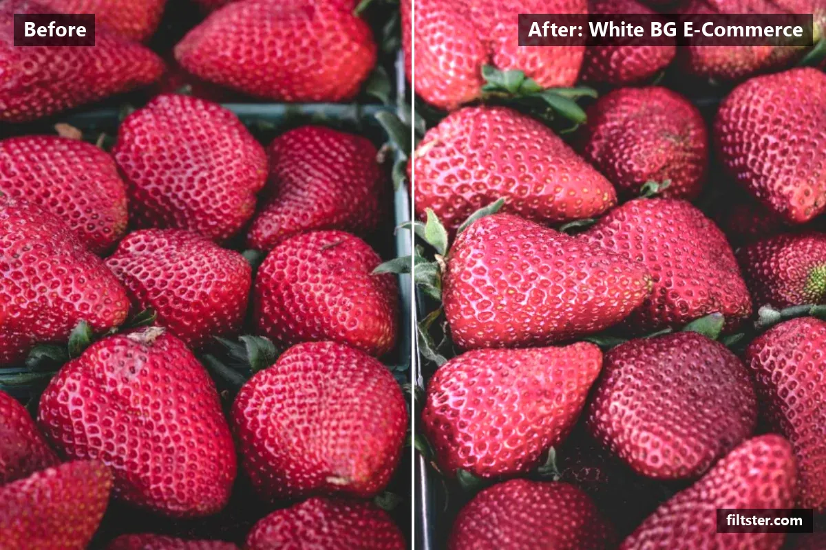 White BG E-Commerce filter before and after. Brightens the whole frame and recovers bright highlights.