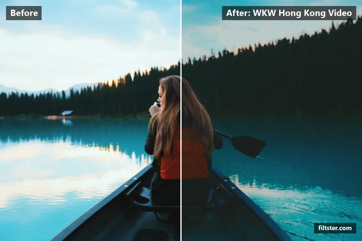 WKW Hong Kong Video filter before and after. Darkens the exposure for a moodier feel, recovers bright highlights, lifts the blacks for a faded, matte finish, tints shadows teal and highlights blue and adds film grain.