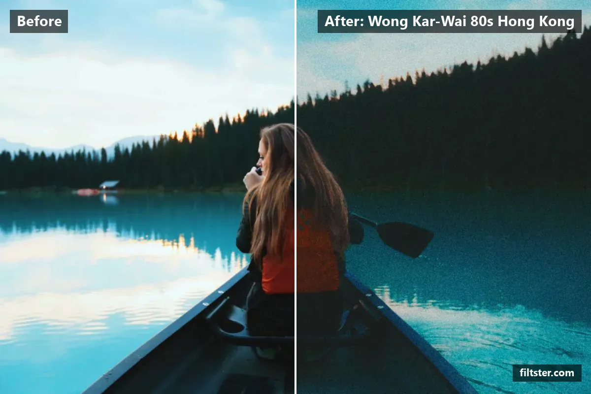 Wong Kar-Wai 80s Hong Kong filter before and after. Darkens the exposure for a moodier feel, adds strong contrast, recovers bright highlights, lifts the blacks for a faded, matte finish, tints shadows teal and highlights blue and adds film grain.