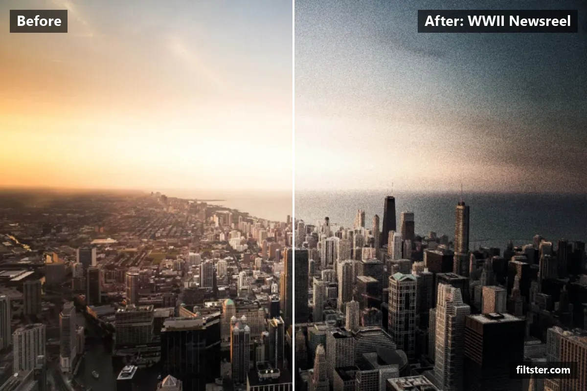 WWII Newsreel filter before and after. Adds strong contrast, recovers bright highlights, cuts through haze, adds film grain and darkens the corners with a vignette.