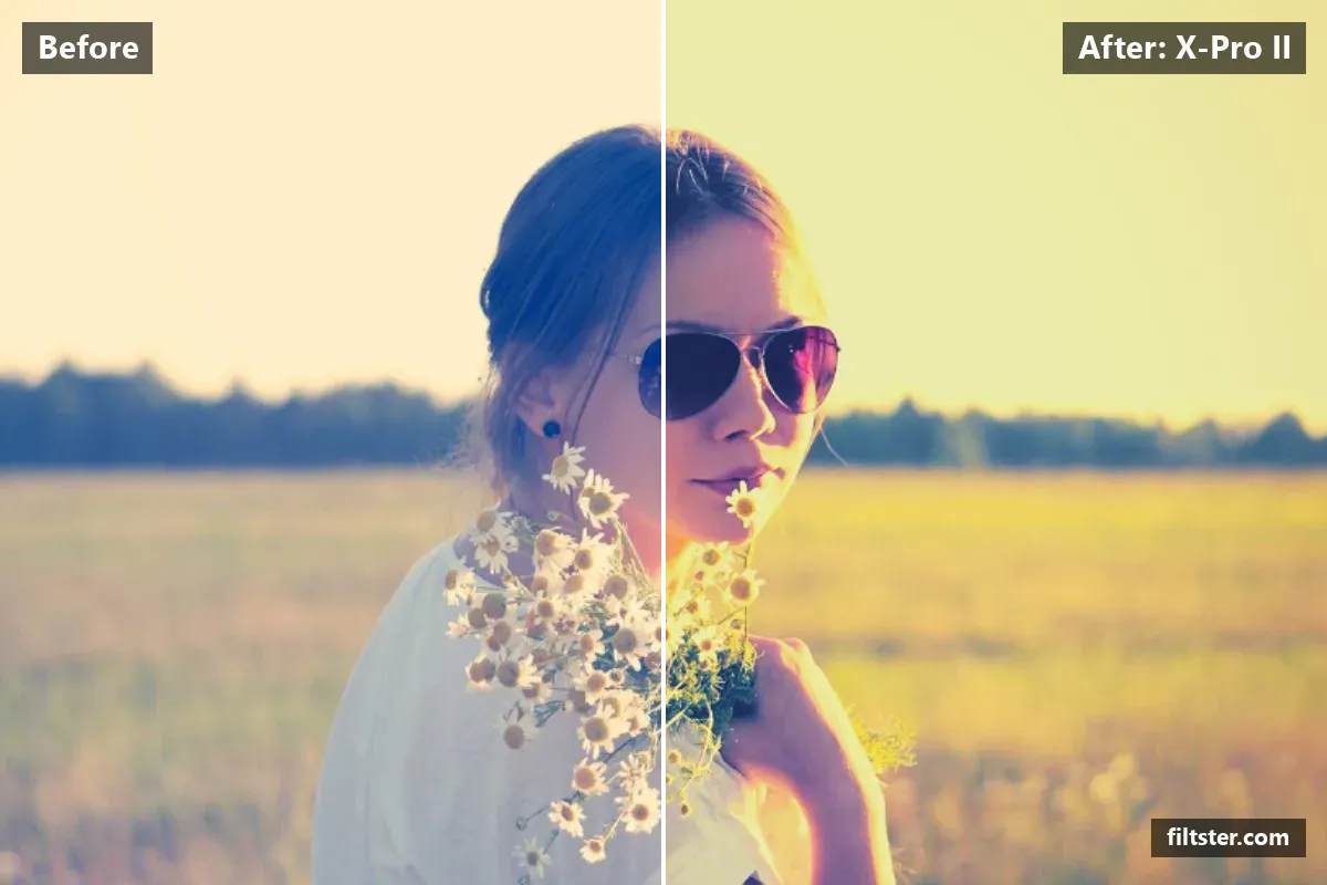 X-Pro II filter before and after. Adds strong contrast, recovers bright highlights, lifts the blacks for a faded, matte finish, warms up the colours, tints shadows teal and highlights golden and darkens the corners with a vignette.