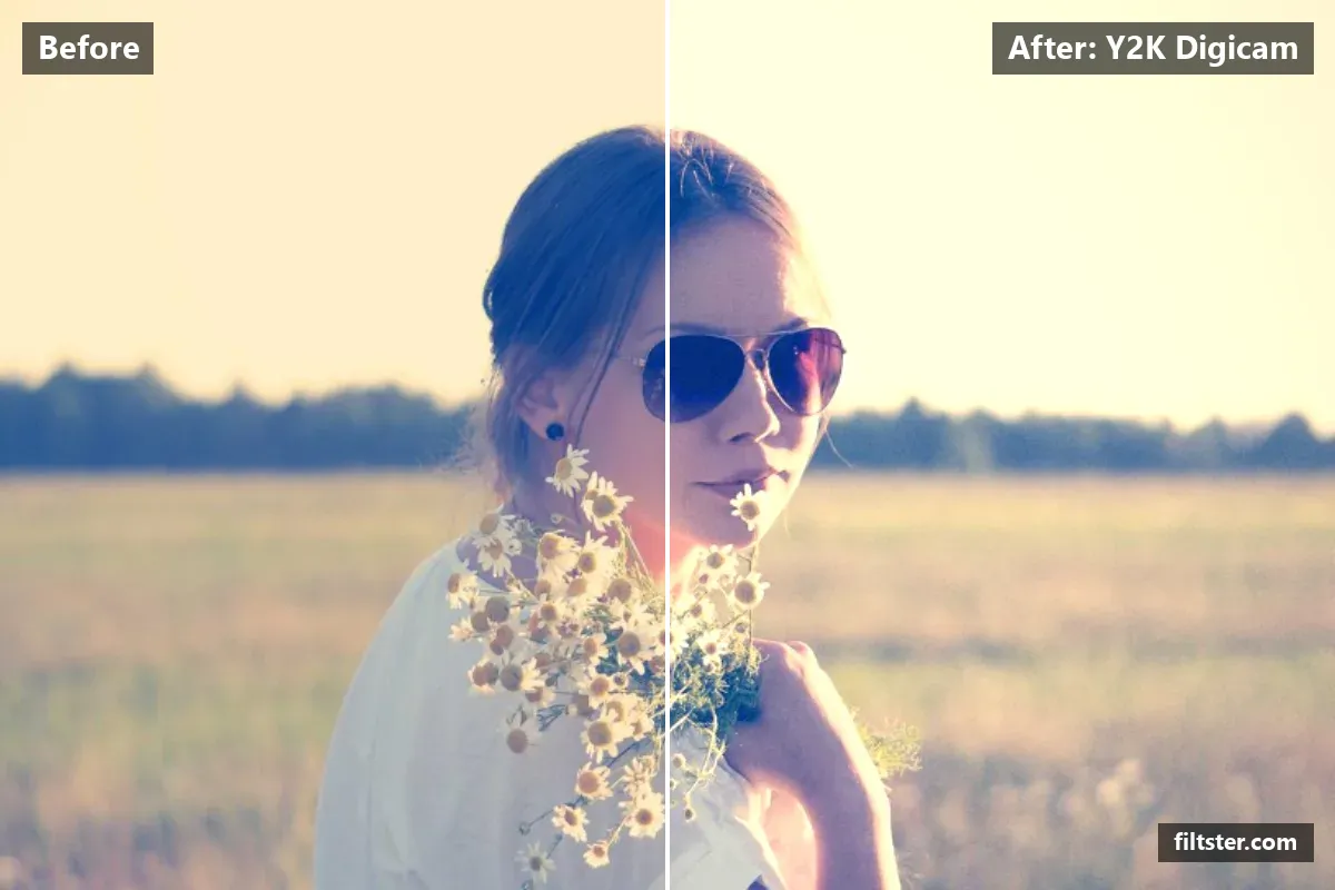 Y2K Digicam filter before and after. Adds film grain and darkens the corners with a vignette.