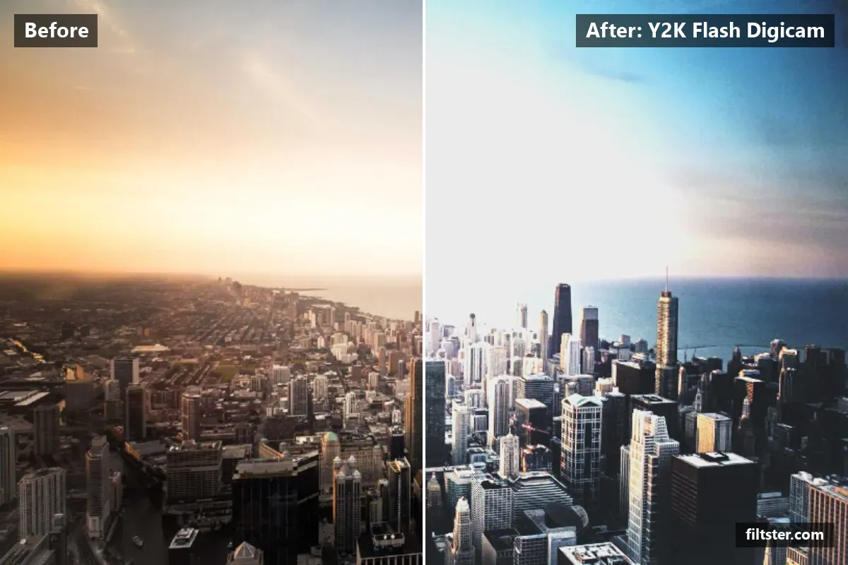Y2K Flash Digicam filter before and after. Brightens the whole frame, adds strong contrast, lifts the blacks for a faded, matte finish, cools the colours down and adds film grain.